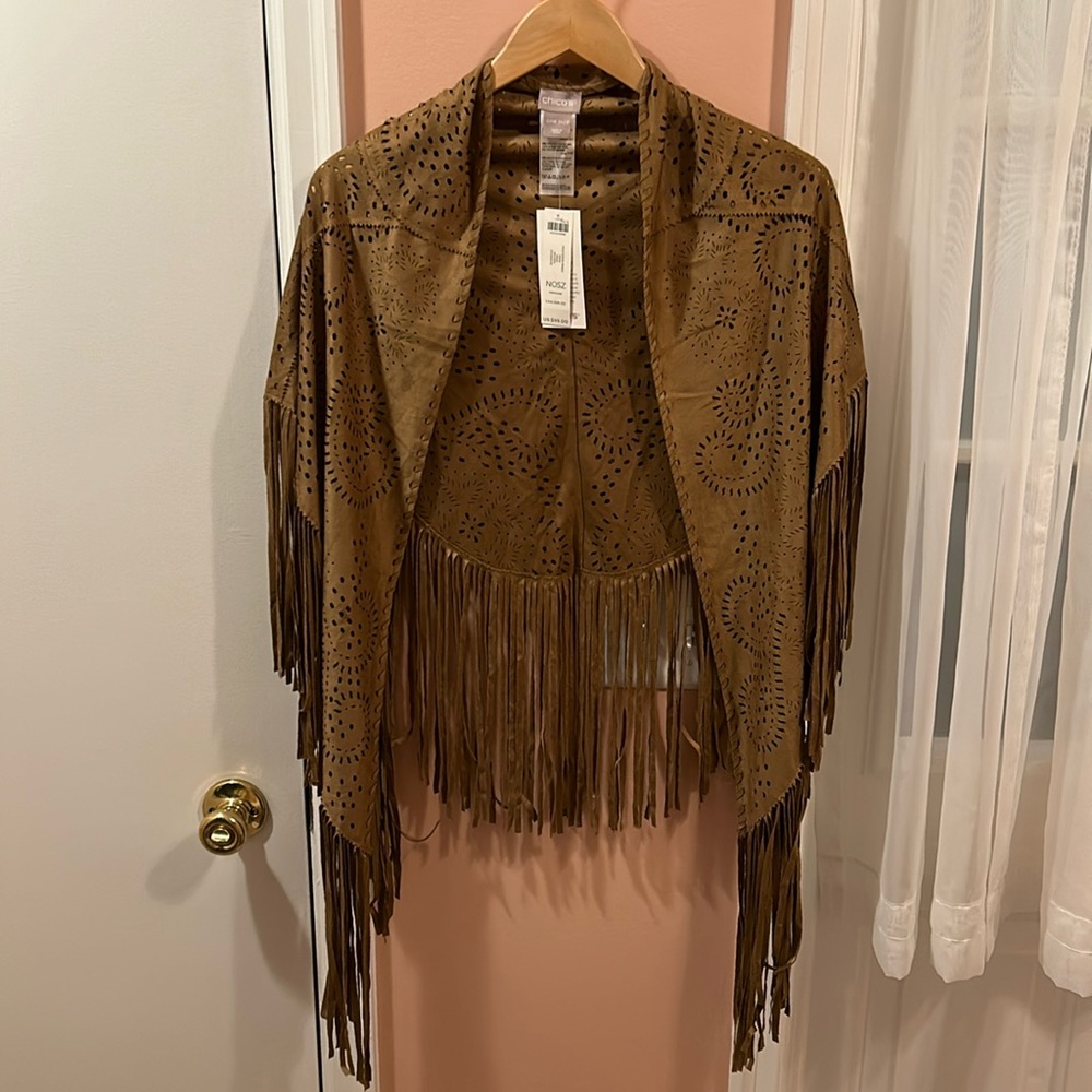 Chico’s faux suede fringe wrap- neutral- NWT
